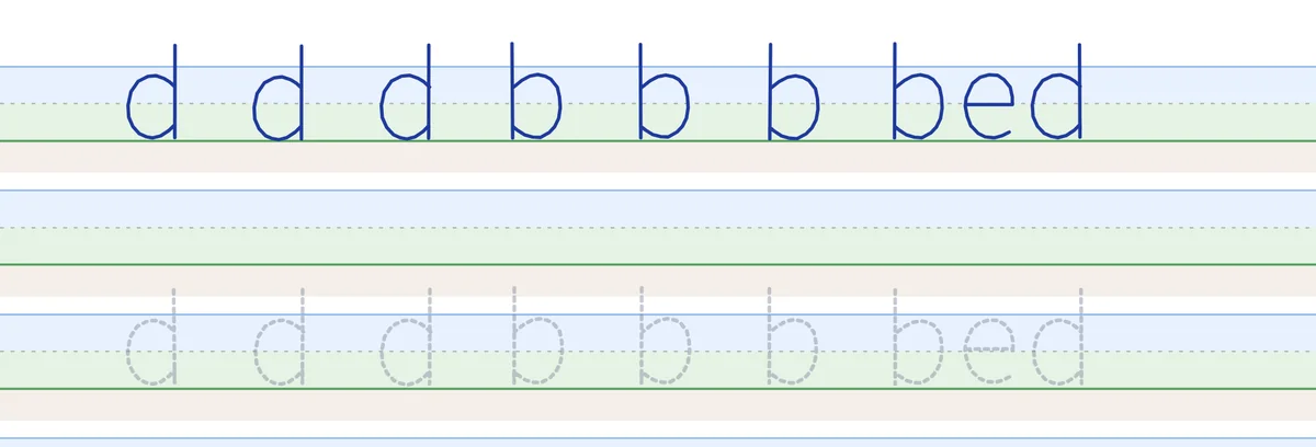 Rows of d, b and the word bed on sky and grass lines, with a row to trace