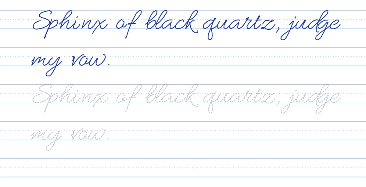 Practice sheet with a pangram to read, trace and copy on dotted lines