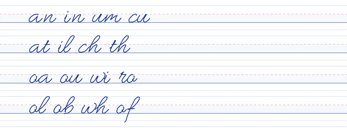 Four rows of letter joins on 4-line paper, one row for each join family