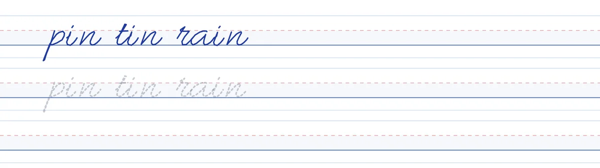 Practice sheet with the words pin, tin and rain to read, trace and copy