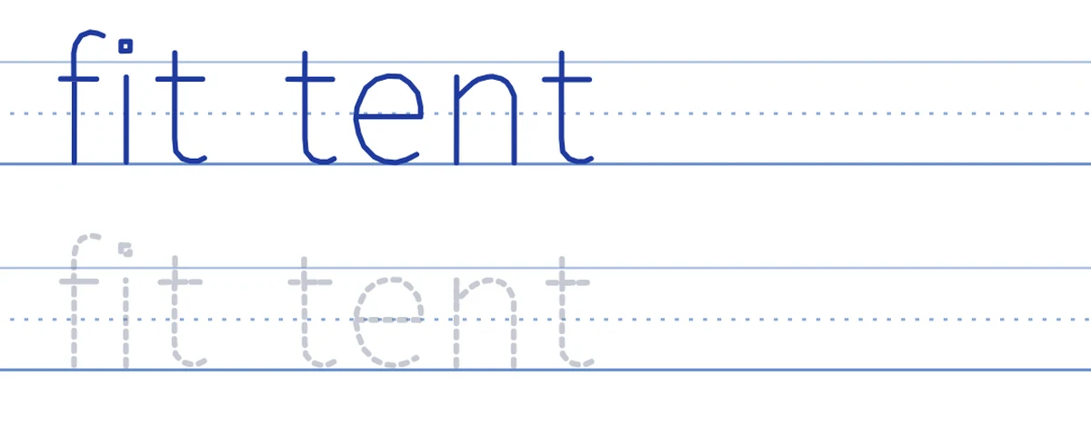 The words fit and tent on sky and grass lines, with a row to trace
